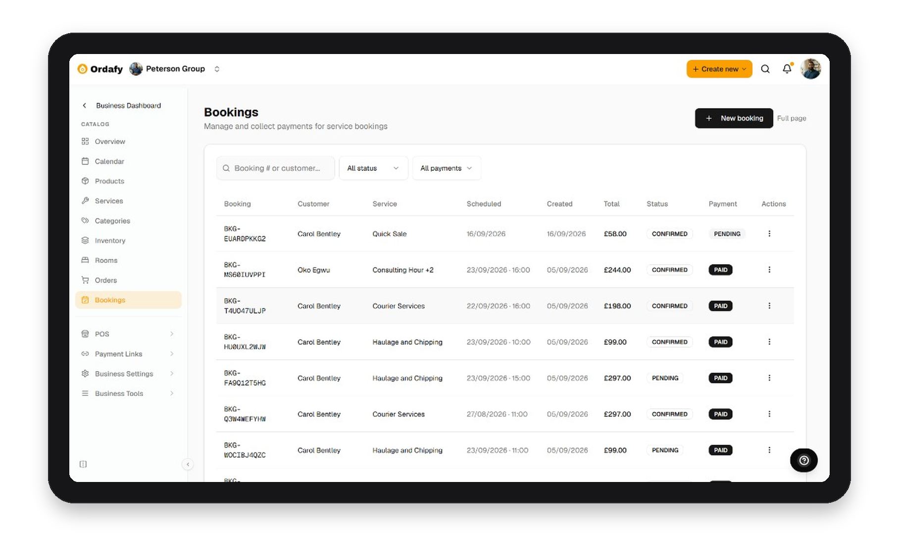 Ordafy Business bookings on tablet