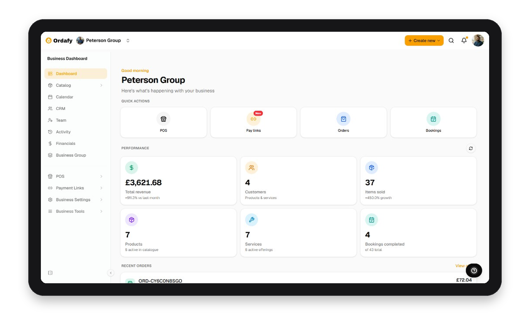 Ordafy Business dashboard on tablet
