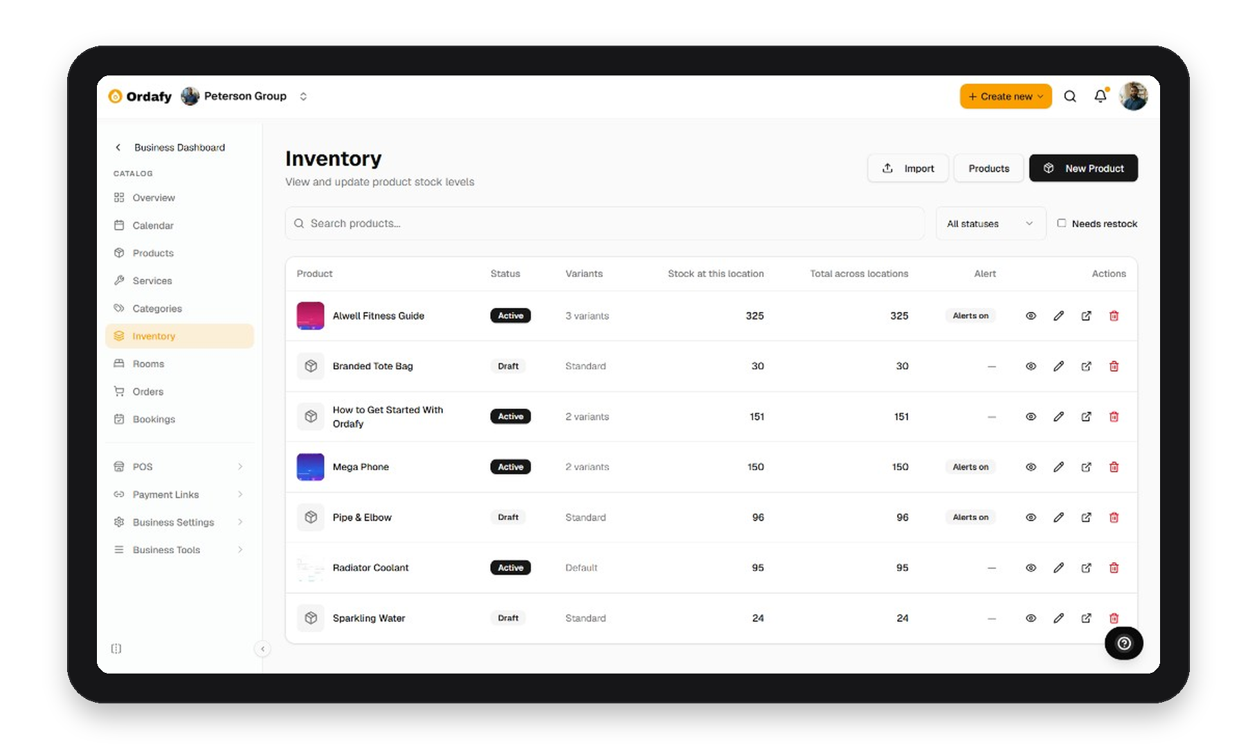 Ordafy Business inventory on iPad