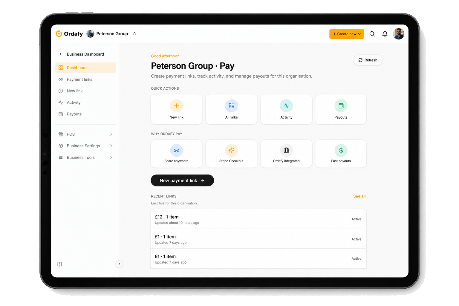 Ordafy Pay dashboard on iPad with quick actions and recent links
