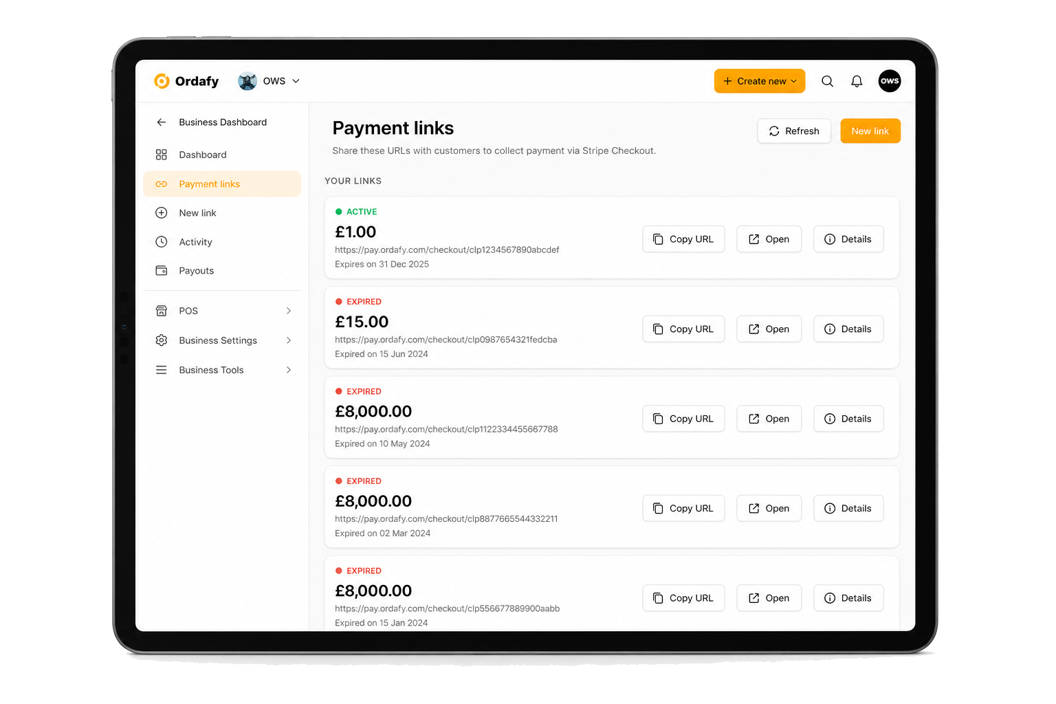 Ordafy Pay payment links list on iPad