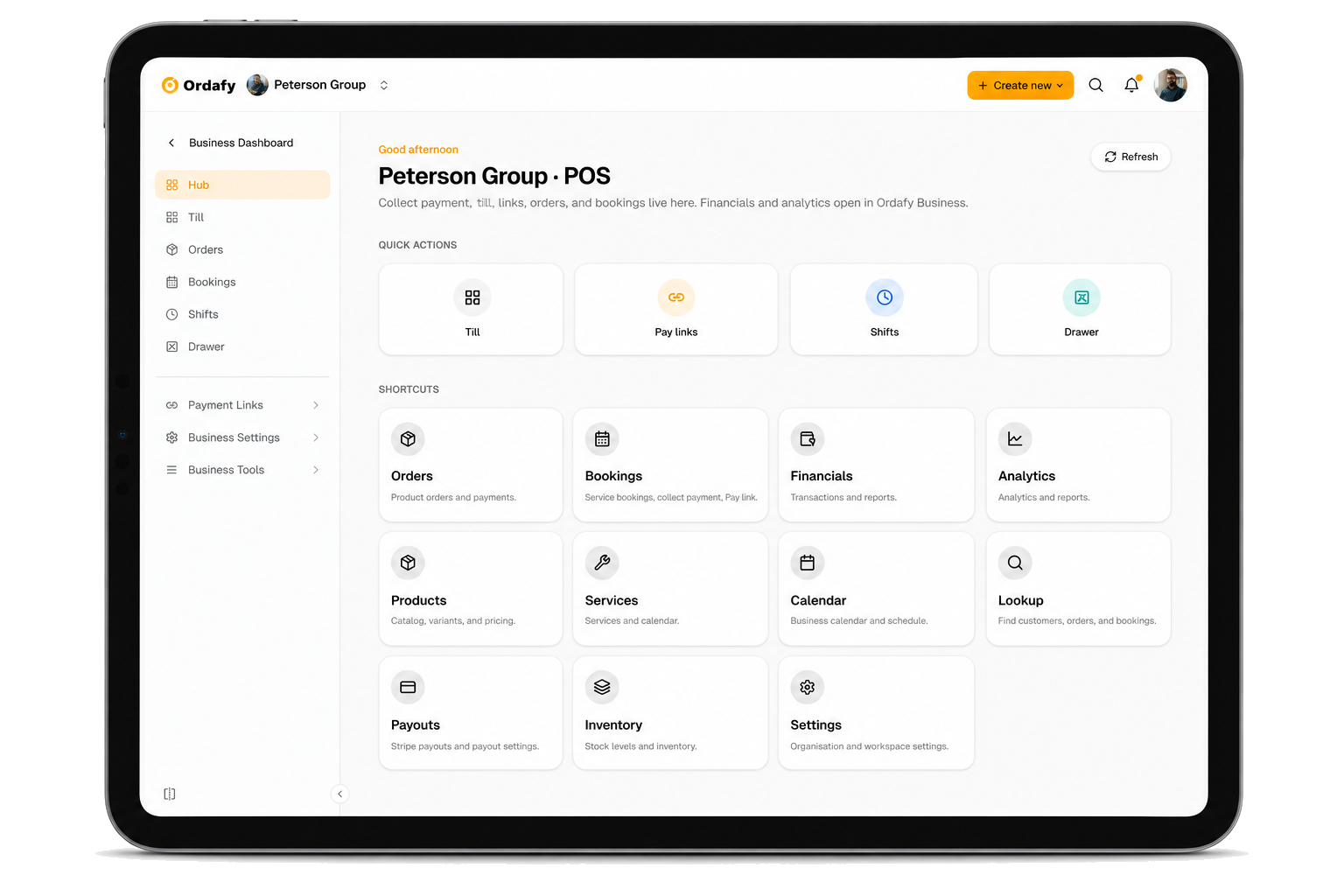 Ordafy POS hub on iPad