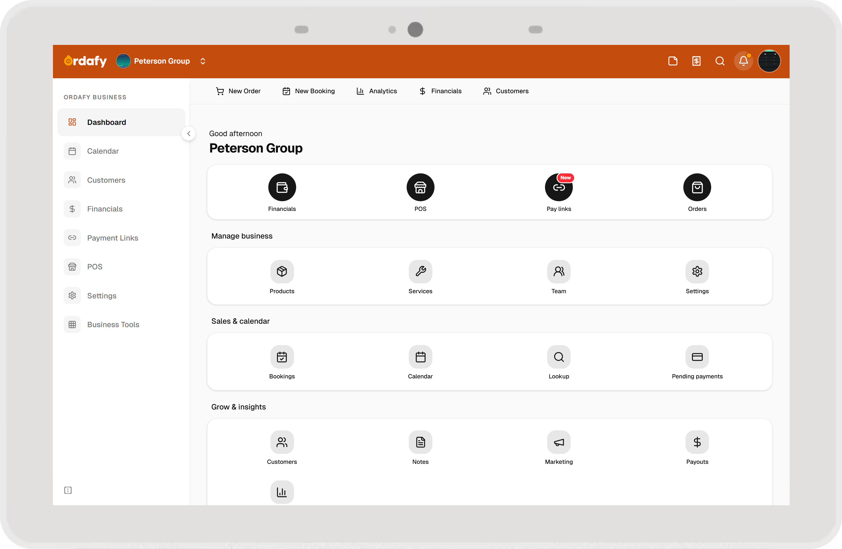 Ordafy Business dashboard with overview, navigation, and workspace shortcuts