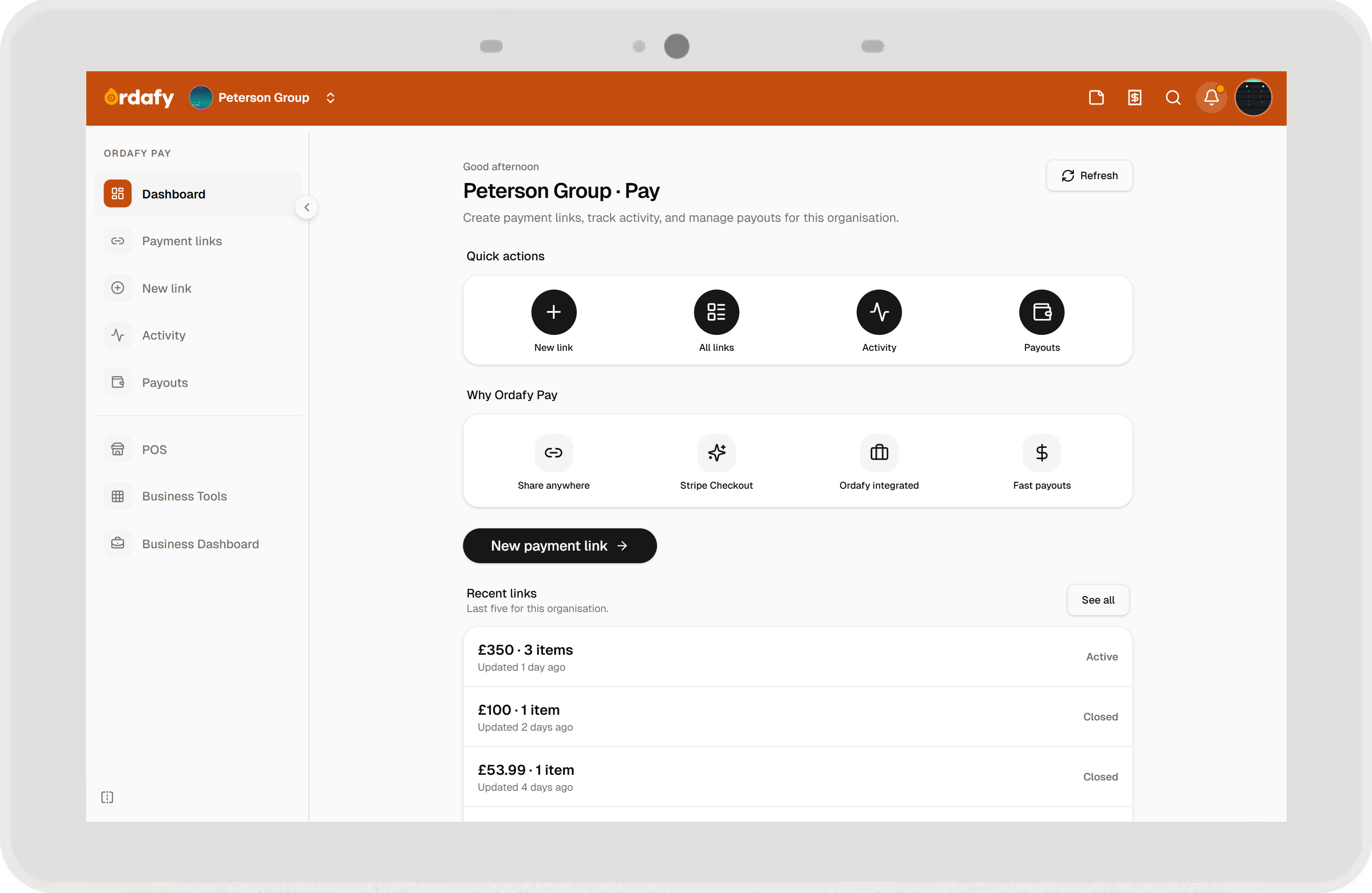 Ordafy Pay dashboard