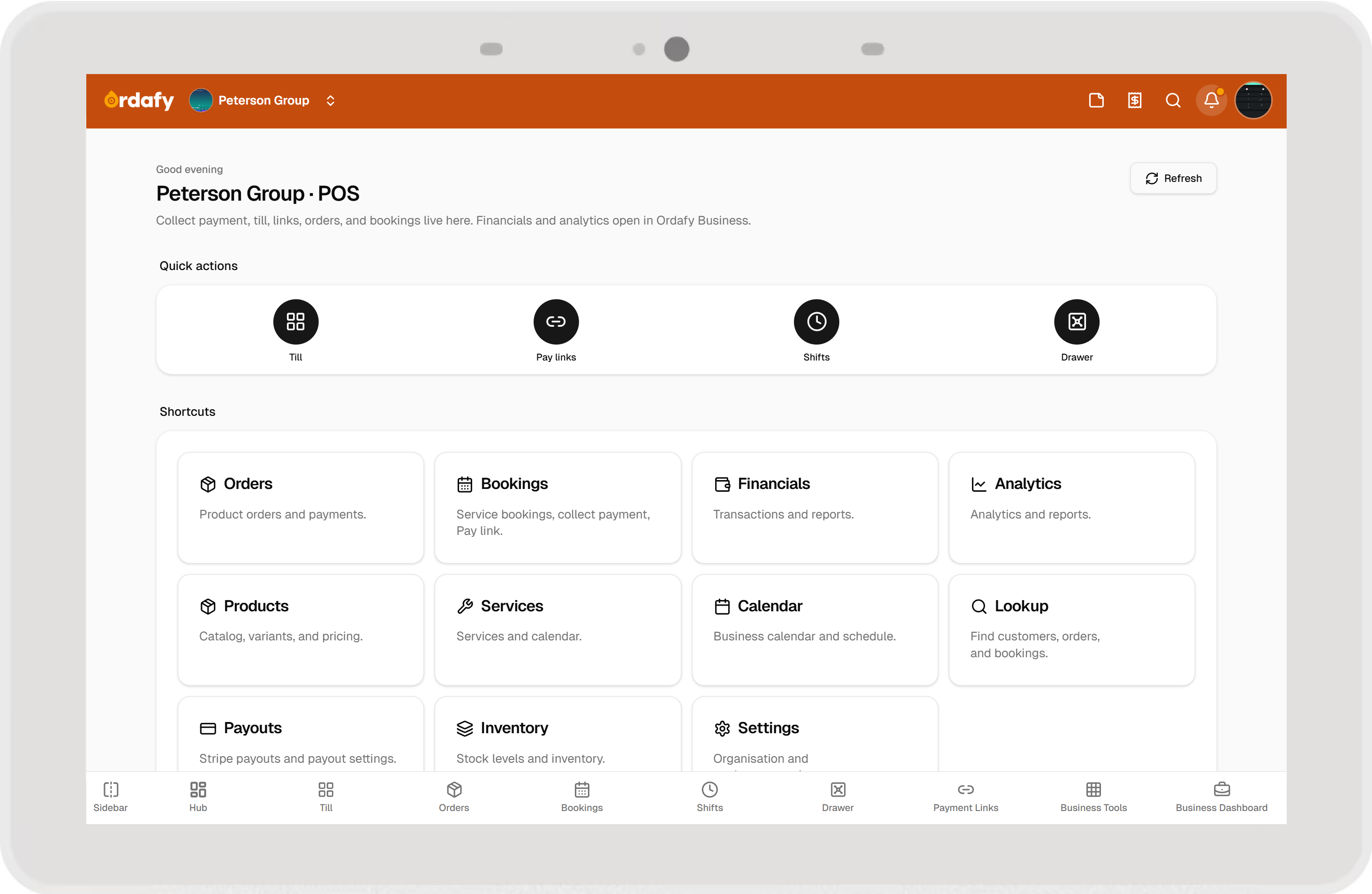 Ordafy POS dashboard hub with quick actions and shortcuts