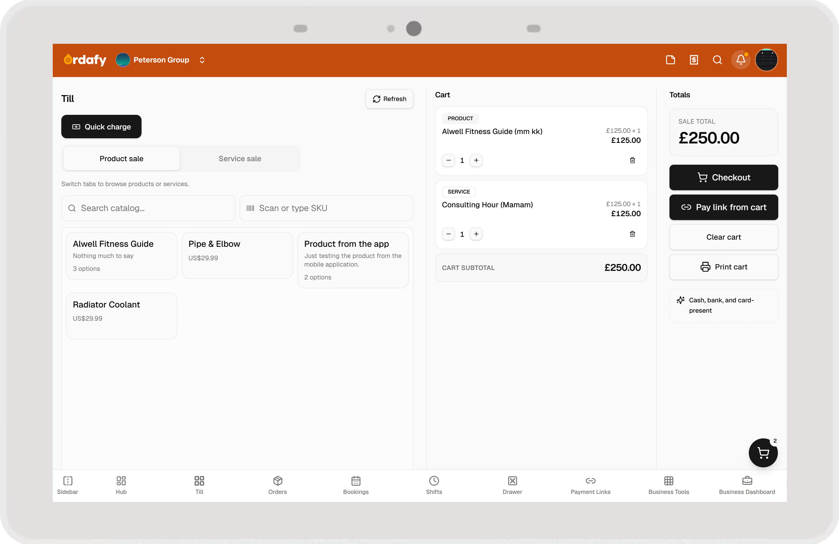 Ordafy POS till with product grid and cart