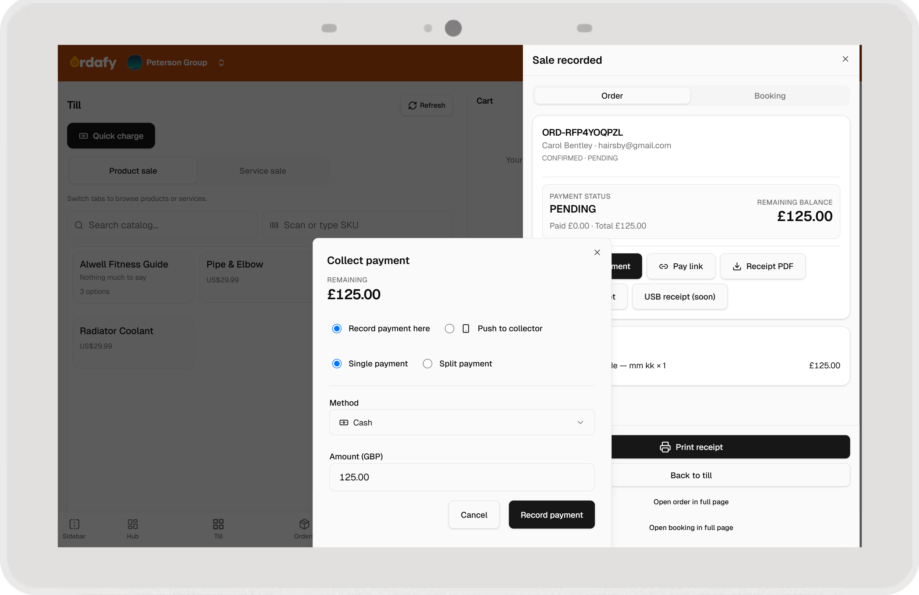 Ordafy POS collect payment modal for pending order